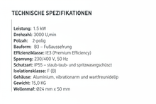 erstelle:
Leistung: 1.5 kW
Drehzahl: 3000 U/min
Polzahl: 2-polig
Bauform: B3 – Fußausführung
Baugröße: 90S
Effizienzklasse: IE3 (Premium Efficiency)
Spannung: 230/400 V, 50 Hz
Schutzart: IP55 – staub- und spritzwassergeschützt
Isolationsklasse: F (B)
Gehäuse: Aluminium, vibrationsarm und wartungsfreundlich
Gewicht: 15,0 KG
Wellenmaß: Ø24 mm x 50 mm